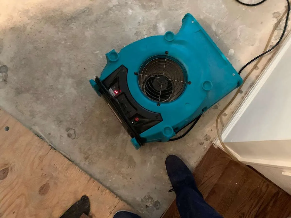 Air mover drying subfloor during Commercial Water Damage Restoration in Winterville
